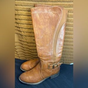Brown Knee High Riding Boots Buckle Detail Low Heel Size 7